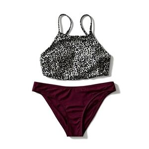 Francesca's Collections Black and Burgundy Bikini small scrunch butt